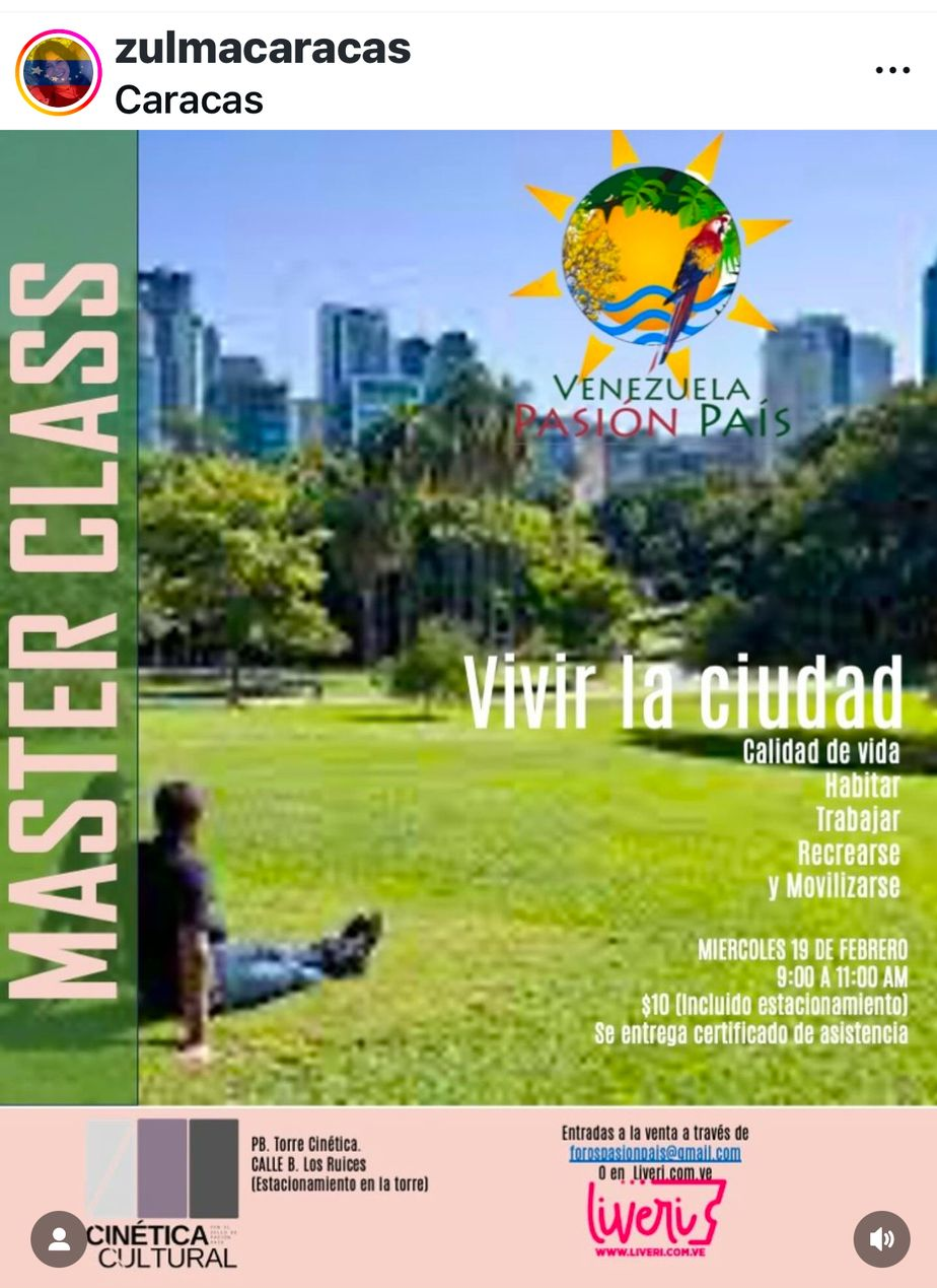 Master class «Vivir la ciudad» a cargo de Zulma Bolívar el miércoles 19 de febrero en Caracas