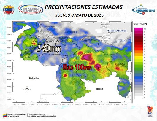 Inameh alerta sobre lluvias y actividad eléctrica en varias zonas de Venezuela este #8May